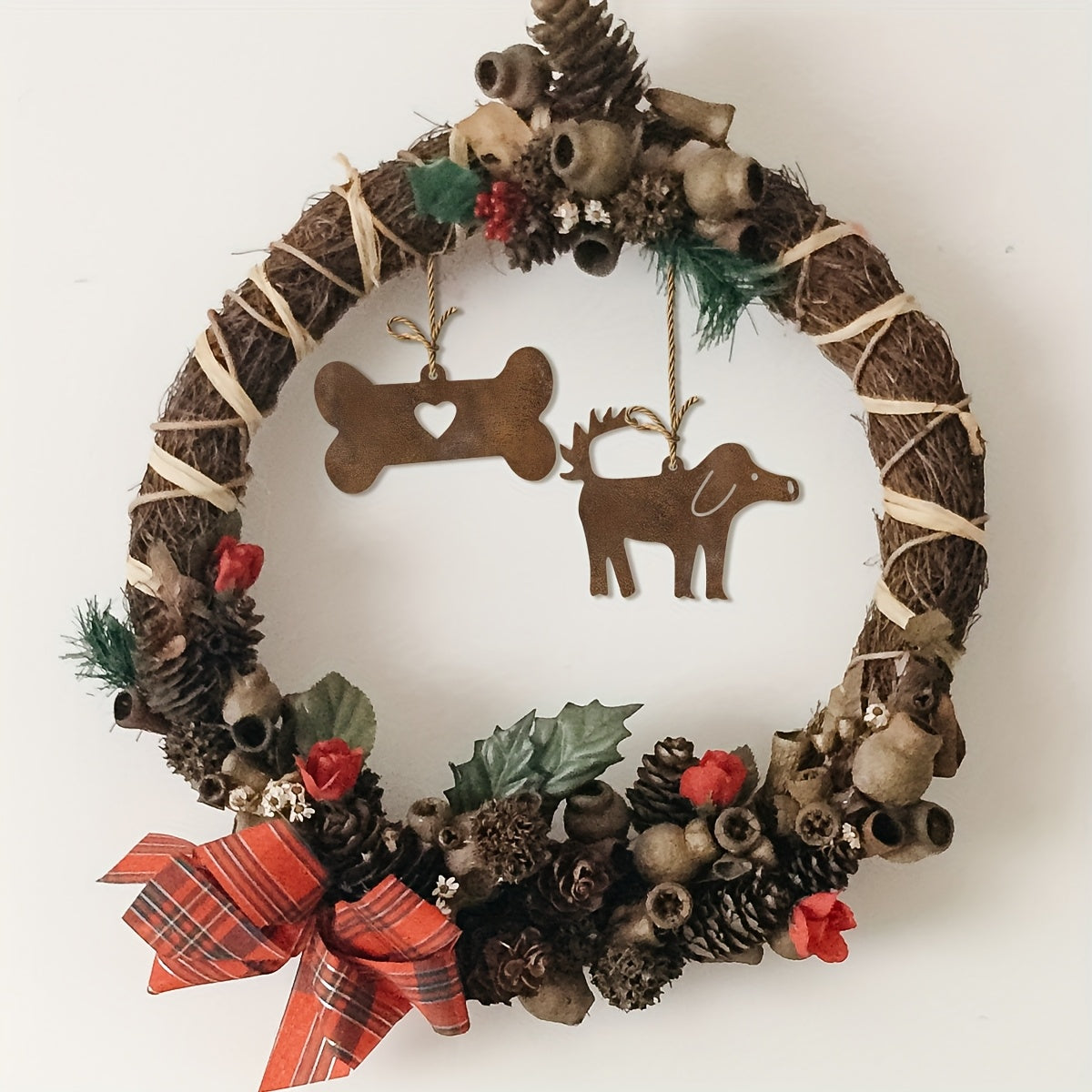 Rustic Metal Dog House & Bone Ornament Set – 5 pcs