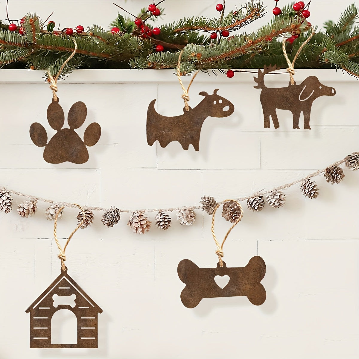Rustic Metal Dog House & Bone Ornament Set – 5 pcs