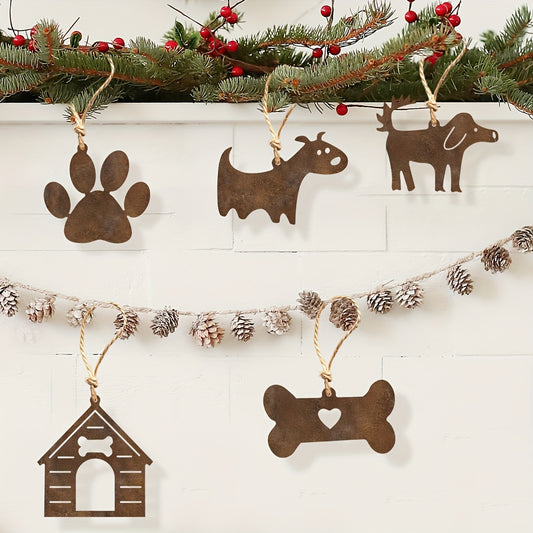 Rustic Metal Dog House & Bone Ornament Set – 5 pcs