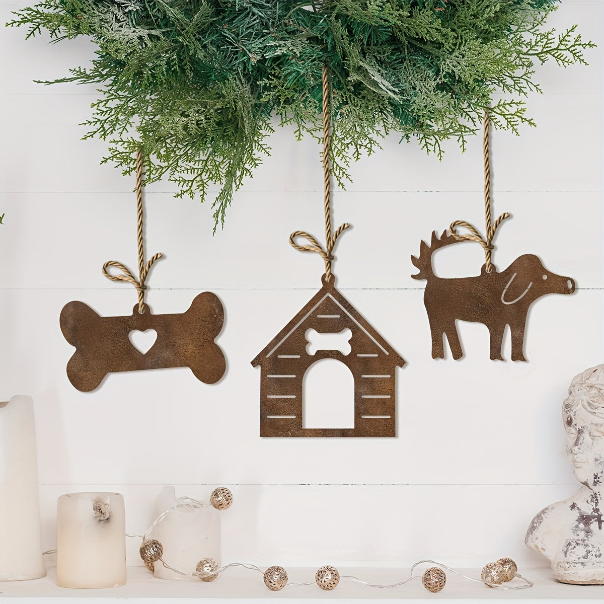 Rustic Metal Dog House & Bone Ornament Set – 5 pcs