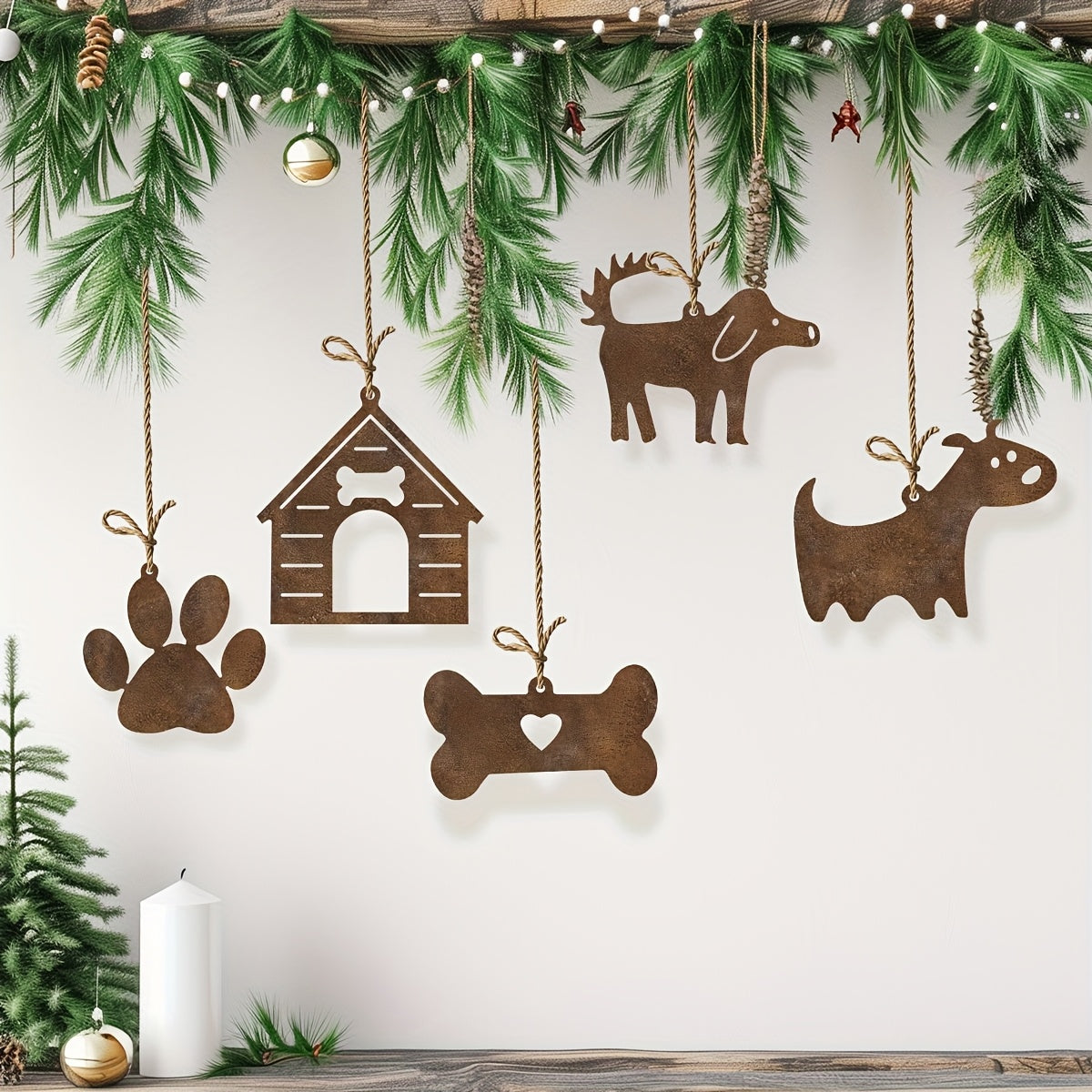 Rustic Metal Dog House & Bone Ornament Set – 5 pcs