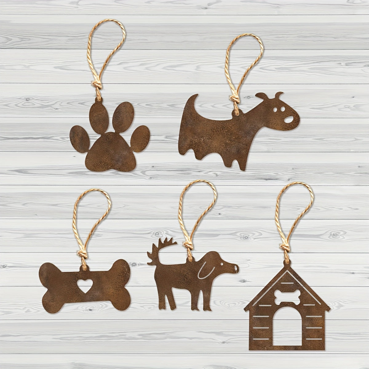 Rustic Metal Dog House & Bone Ornament Set – 5 pcs