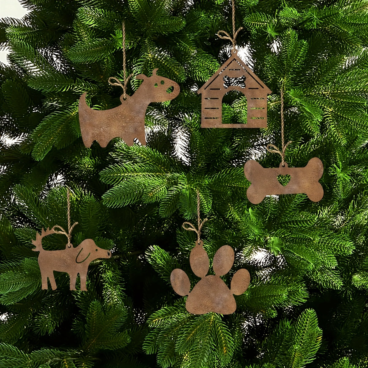 Rustic Metal Dog House & Bone Ornament Set – 5 pcs