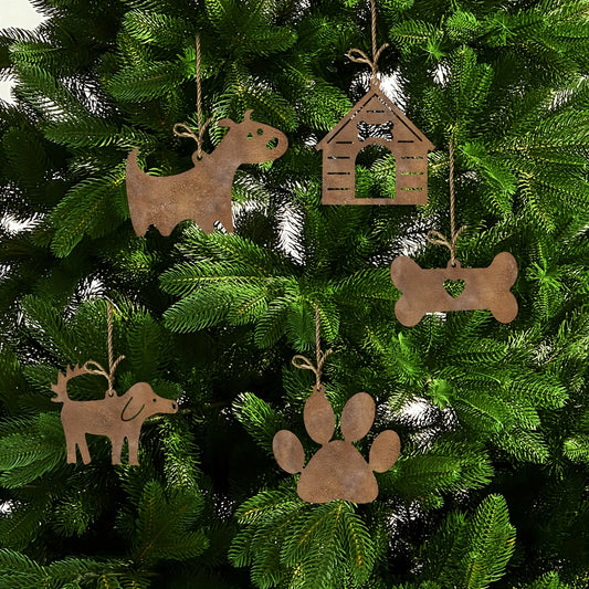 Rustic Metal Dog House & Bone Ornament Set – 5 pcs