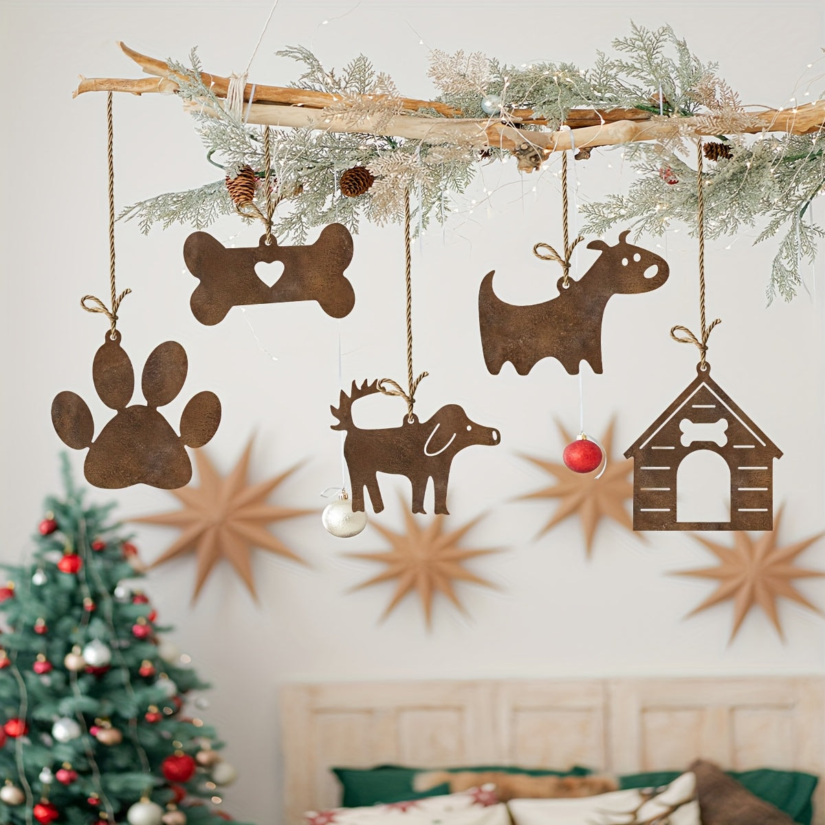 Rustic Metal Dog House & Bone Ornament Set – 5 pcs