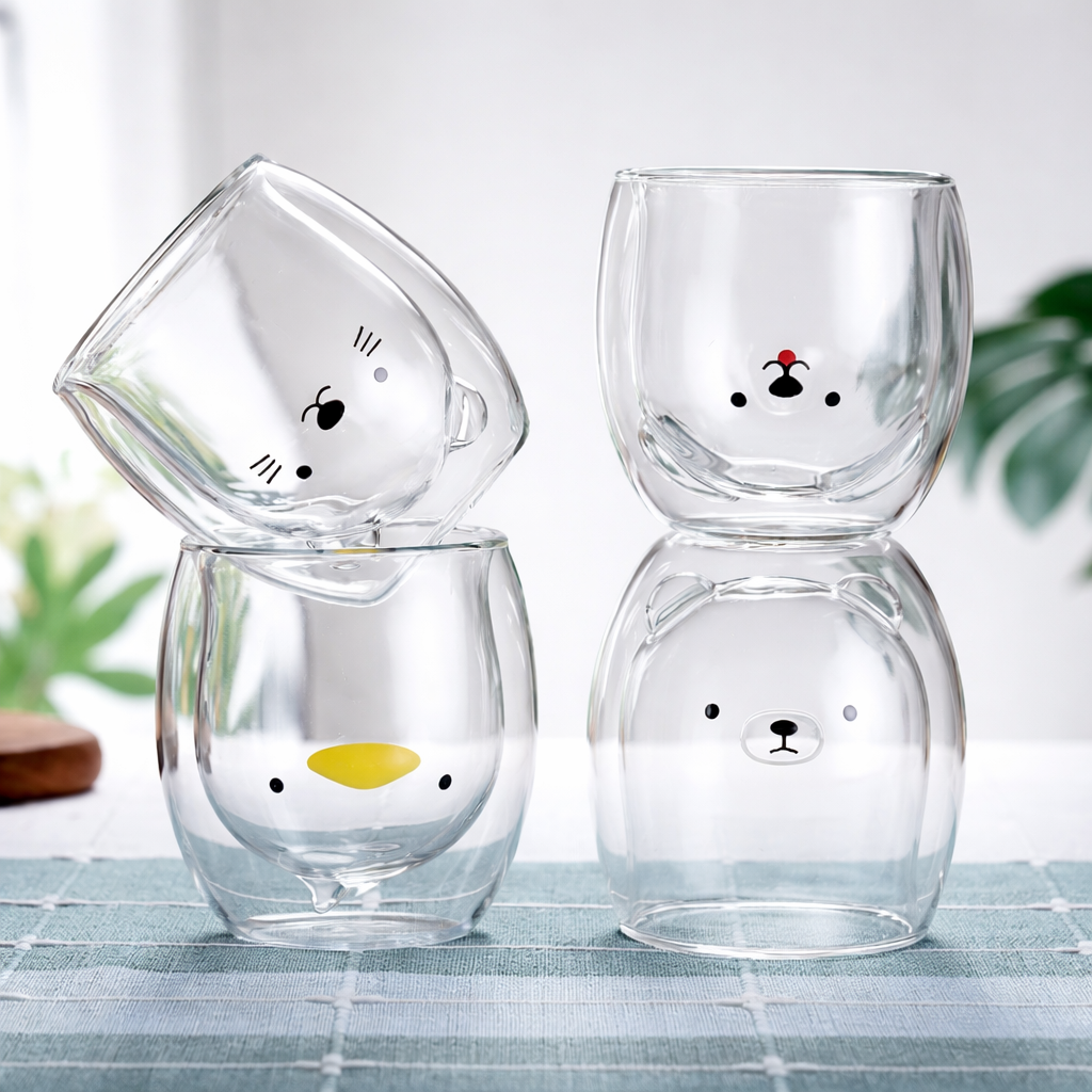 Cute Double-Wall Animal Glass Mug Set (4 Cups) – Bear, Cat, Duck & Dog Kids Drinkware