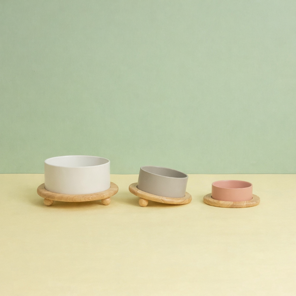 Ceramic Pet Bowl with Wooden Stand – Elevated Food & Water Bowl