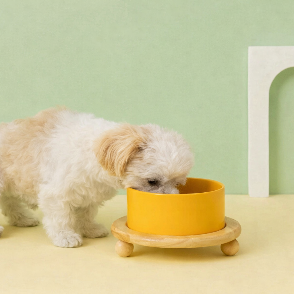 Ceramic Pet Bowl with Wooden Stand – Elevated Food & Water Bowl
