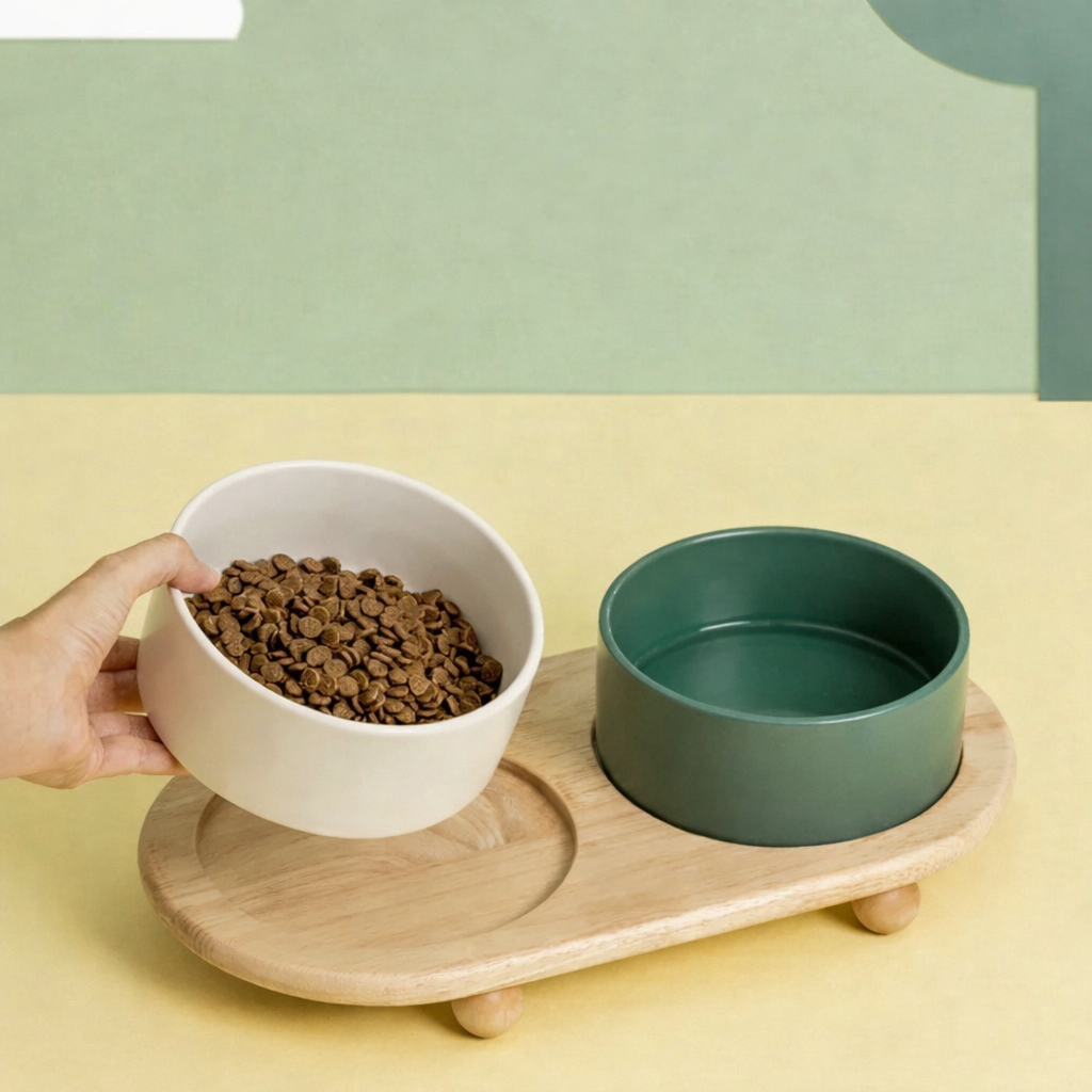 Ceramic Pet Bowl with Wooden Stand – Elevated Food & Water Bowl