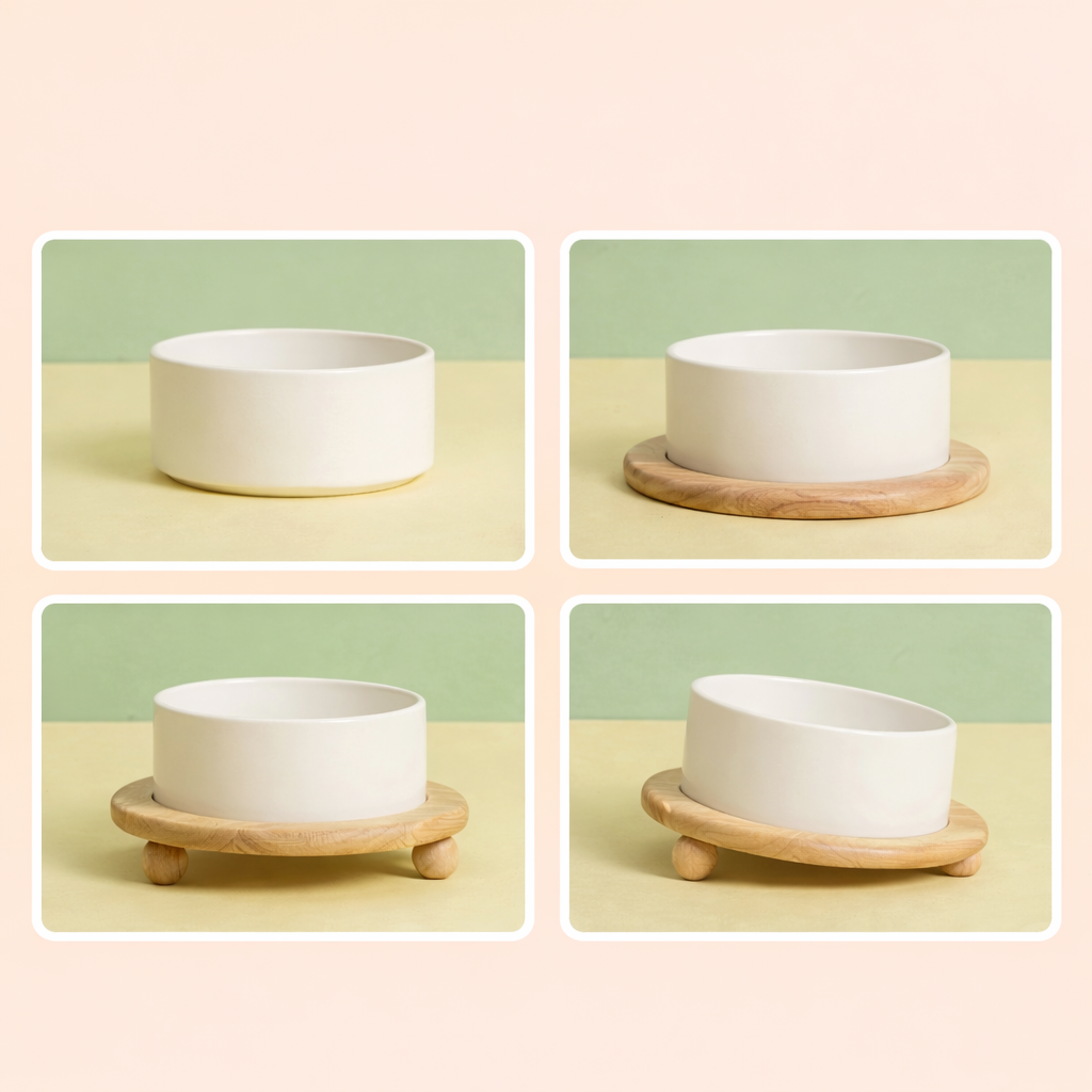 Ceramic Pet Bowl with Wooden Stand – Elevated Food & Water Bowl