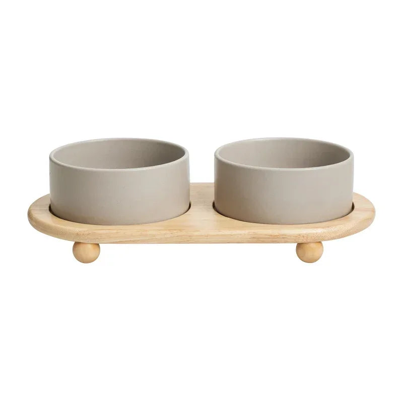 Ceramic Pet Bowl with Wooden Stand – Elevated Food & Water Bowl