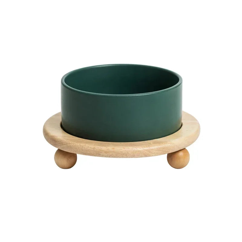 Ceramic Pet Bowl with Wooden Stand – Elevated Food & Water Bowl
