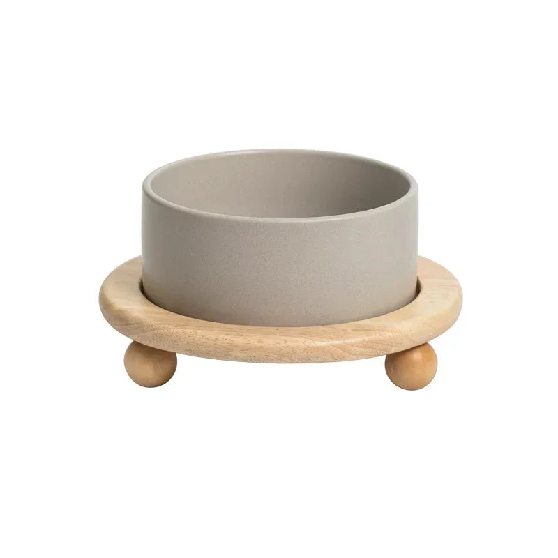 Ceramic Pet Bowl with Wooden Stand – Elevated Food & Water Bowl
