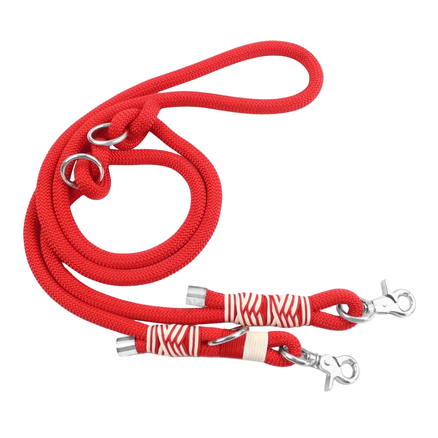 Red dog leash with patterned ends on a white background