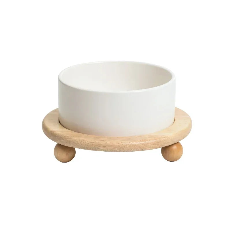 Ceramic Pet Bowl with Wooden Stand – Elevated Food & Water Bowl