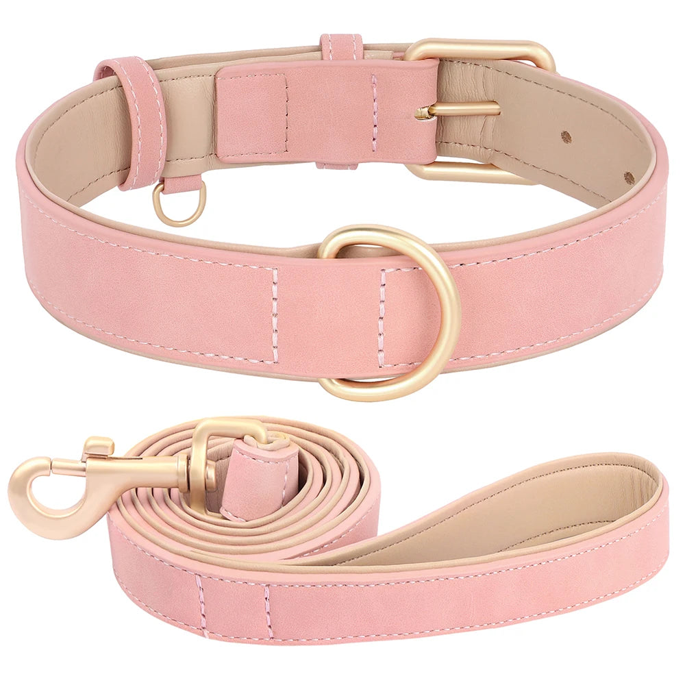 Soft Padded PU Leather Dog Collar & Leash