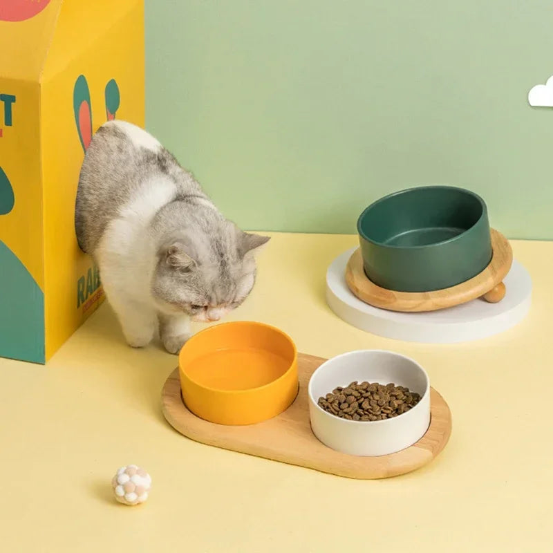 Ceramic Pet Bowl with Wooden Stand – Elevated Food & Water Bowl
