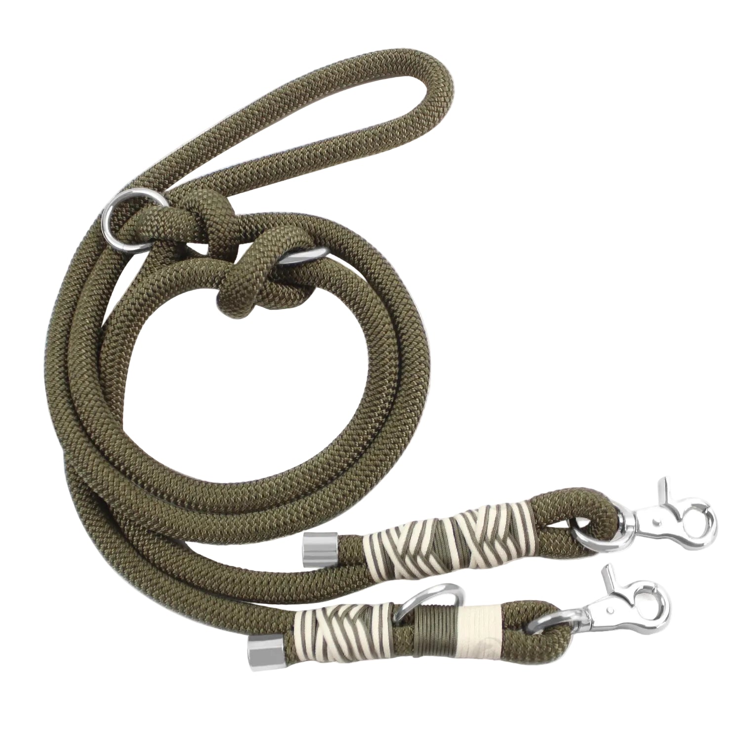 Green dog leash with patterned ends on a white background