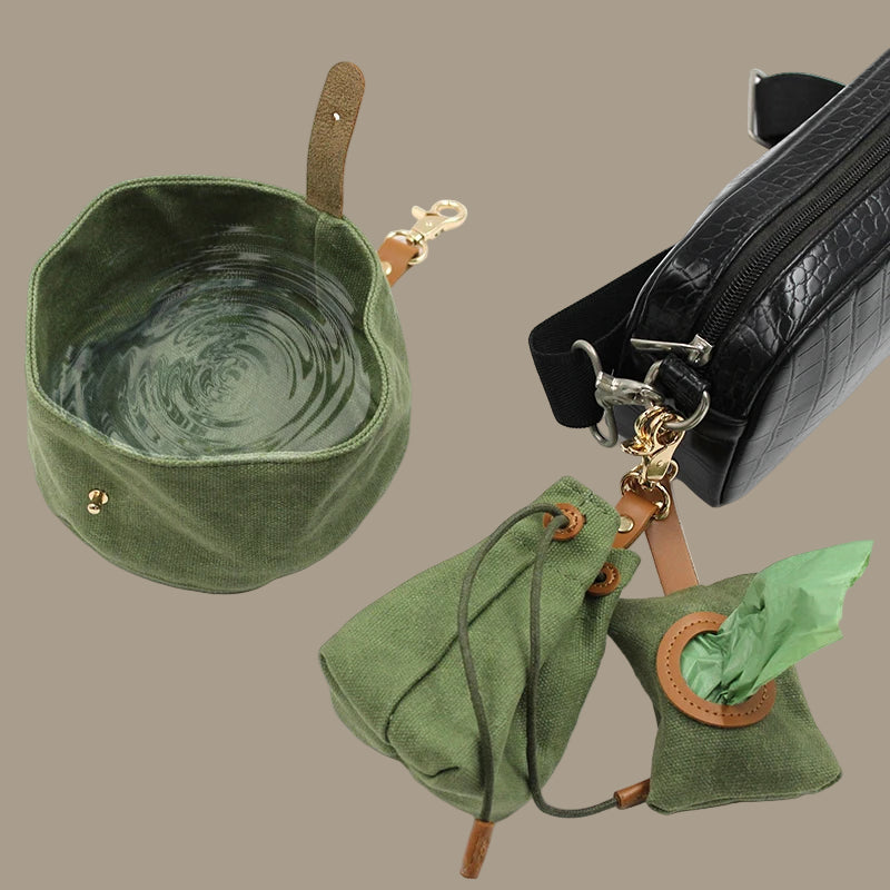 Canvas Dog Food & Water Bowl Set with Poop Bag