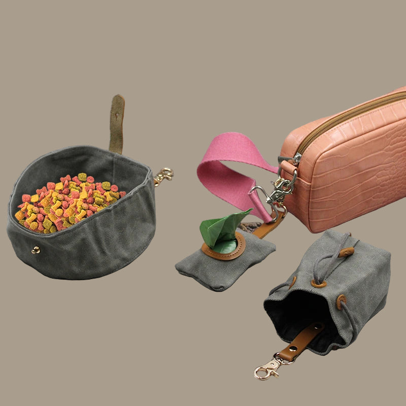 Canvas Dog Food & Water Bowl Set with Poop Bag