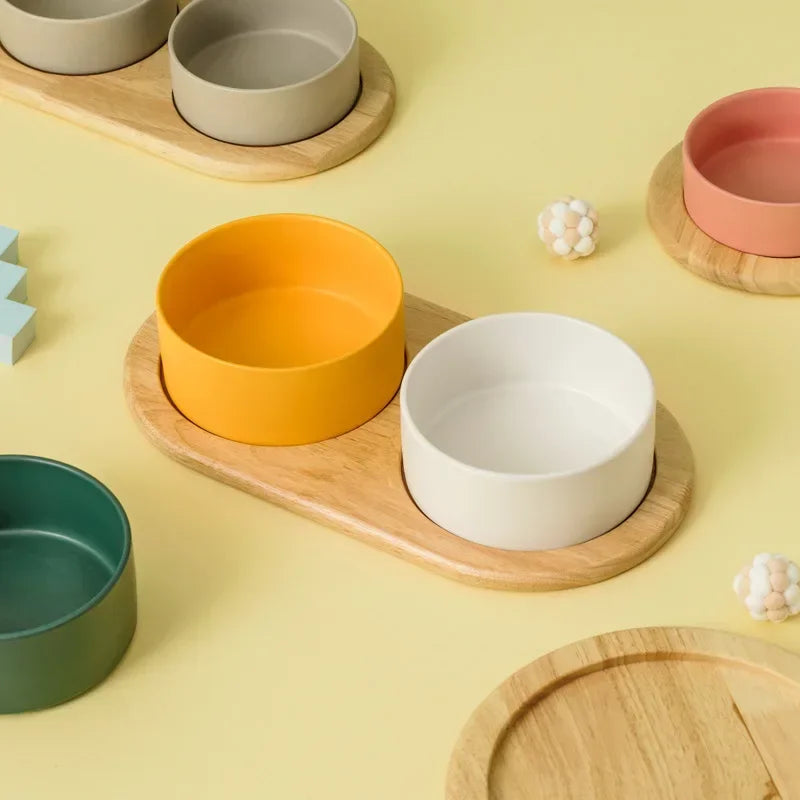 Ceramic Pet Bowl with Wooden Stand – Elevated Food & Water Bowl