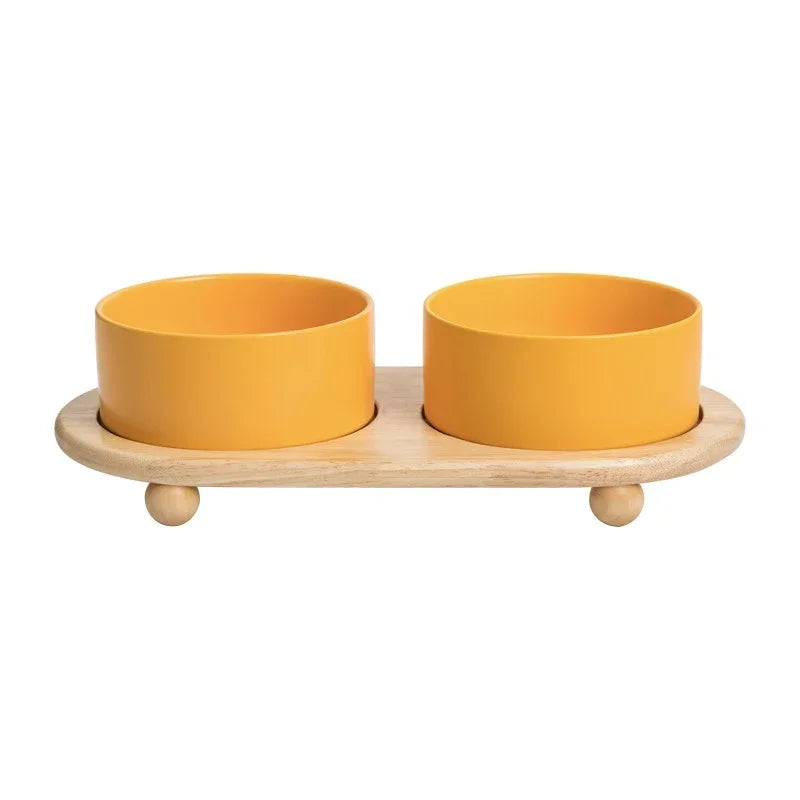 Ceramic Pet Bowl with Wooden Stand – Elevated Food & Water Bowl