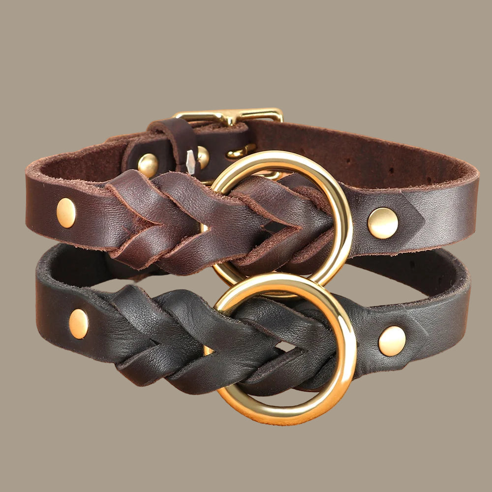 Genuine Leather Dog Collar & Leash Set