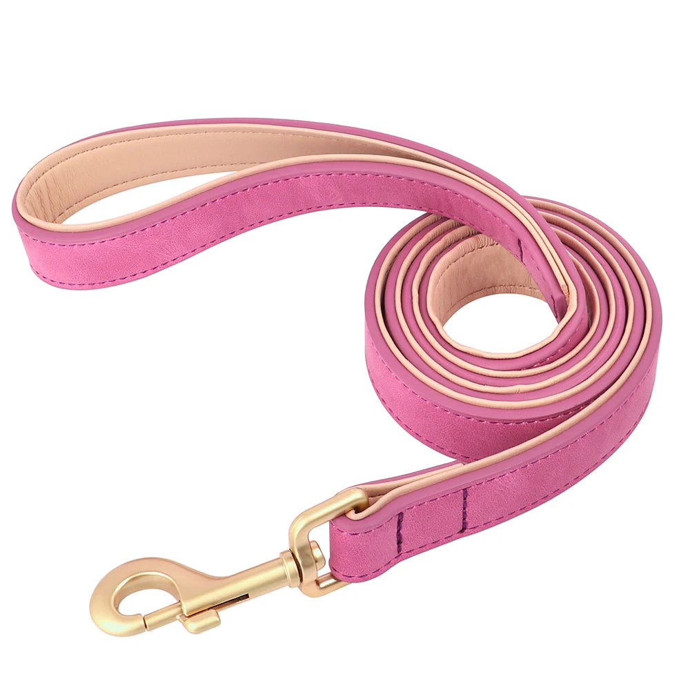 Soft Padded PU Leather Dog Collar & Leash