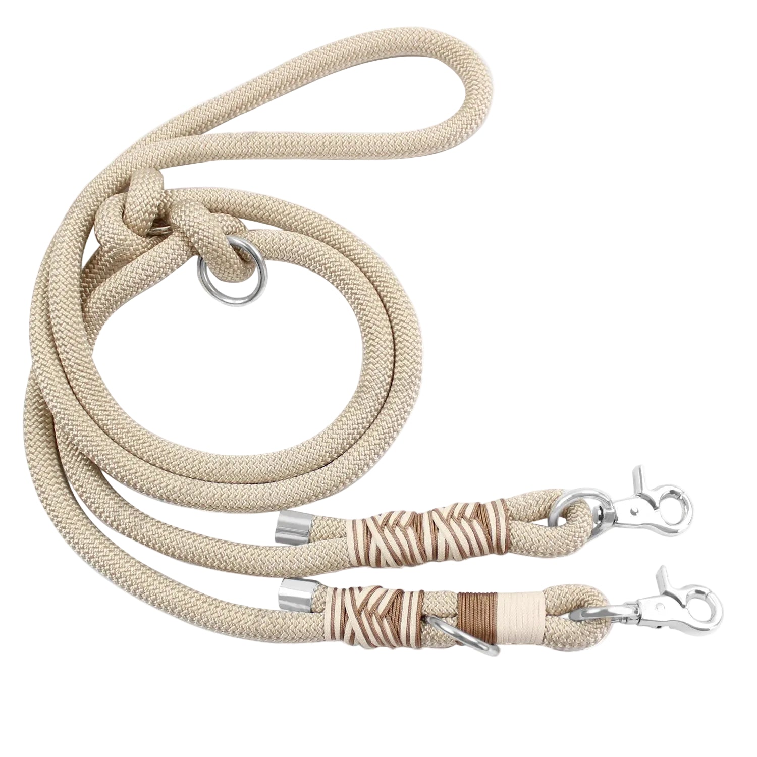 Beige dog leash with metal clips on a white background