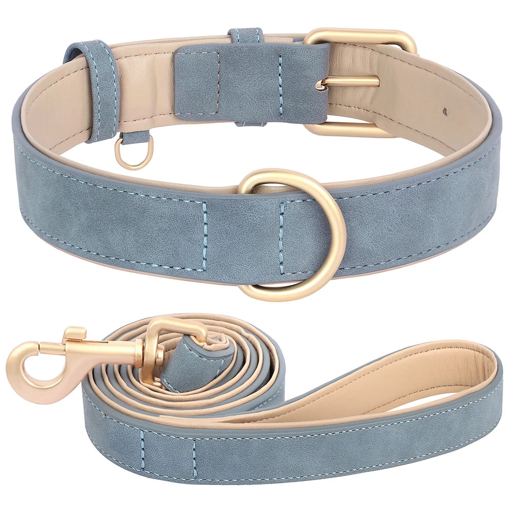 Soft Padded PU Leather Dog Collar & Leash