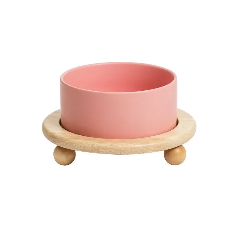 Ceramic Pet Bowl with Wooden Stand – Elevated Food & Water Bowl