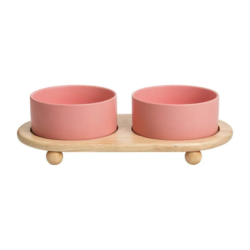 Ceramic Pet Bowl with Wooden Stand – Elevated Food & Water Bowl
