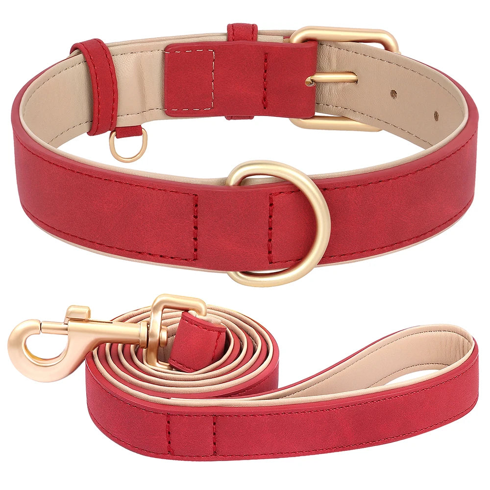Soft Padded PU Leather Dog Collar & Leash