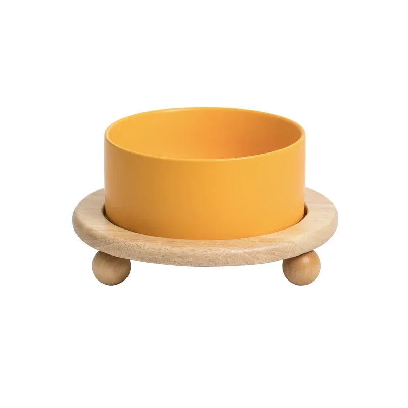 Ceramic Pet Bowl with Wooden Stand – Elevated Food & Water Bowl