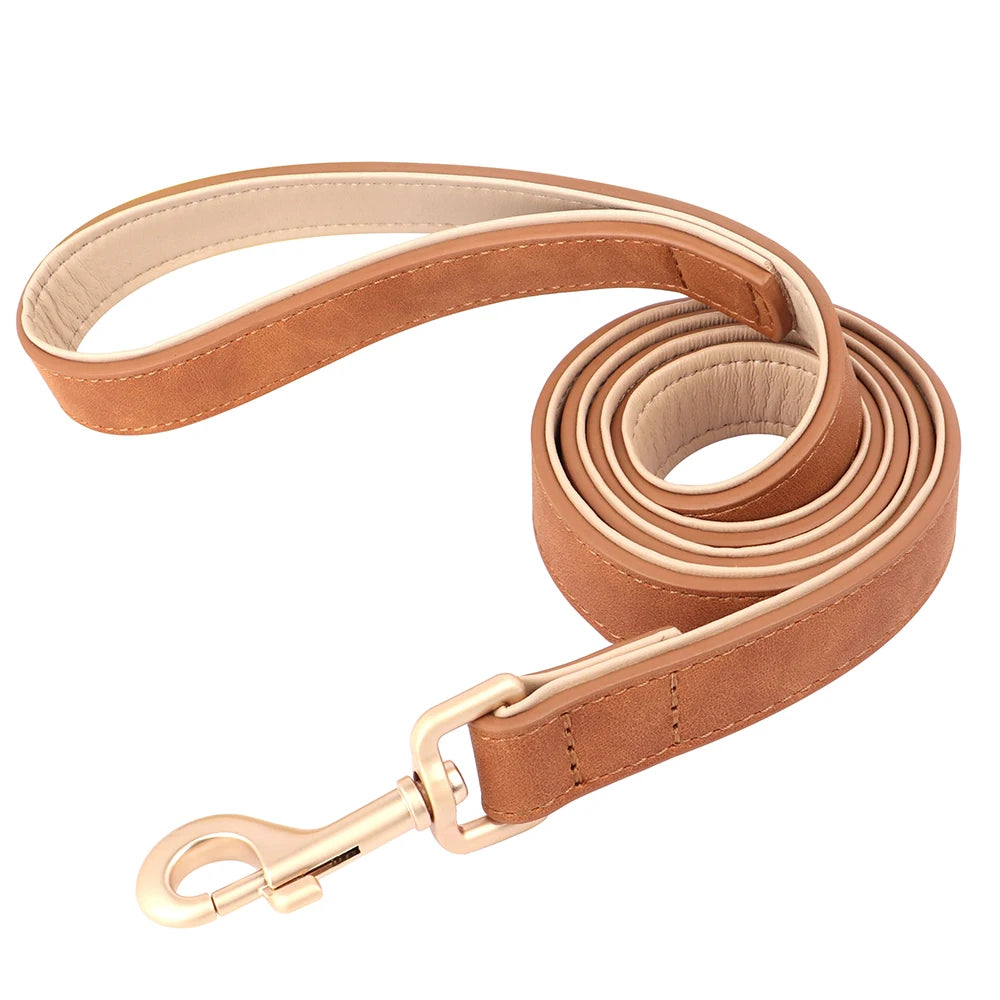 Soft Padded PU Leather Dog Collar & Leash