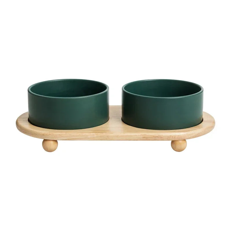 Ceramic Pet Bowl with Wooden Stand – Elevated Food & Water Bowl