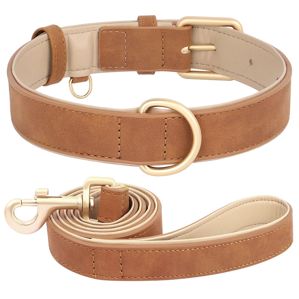 Soft Padded PU Leather Dog Collar & Leash