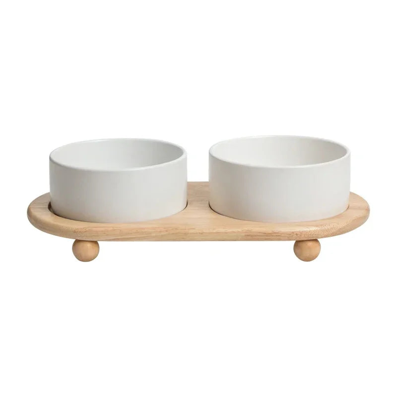 Ceramic Pet Bowl with Wooden Stand – Elevated Food & Water Bowl
