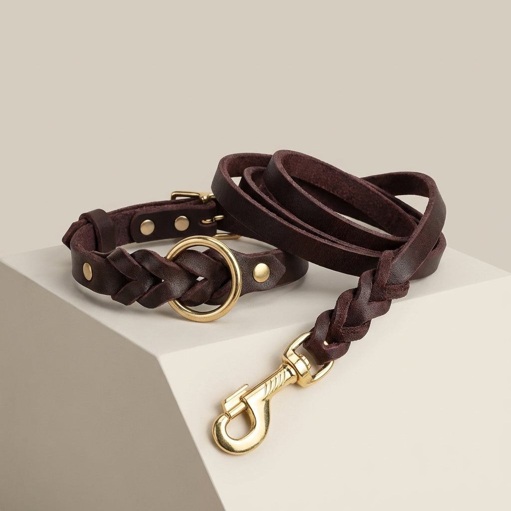 Genuine Leather Dog Collar & Leash Set