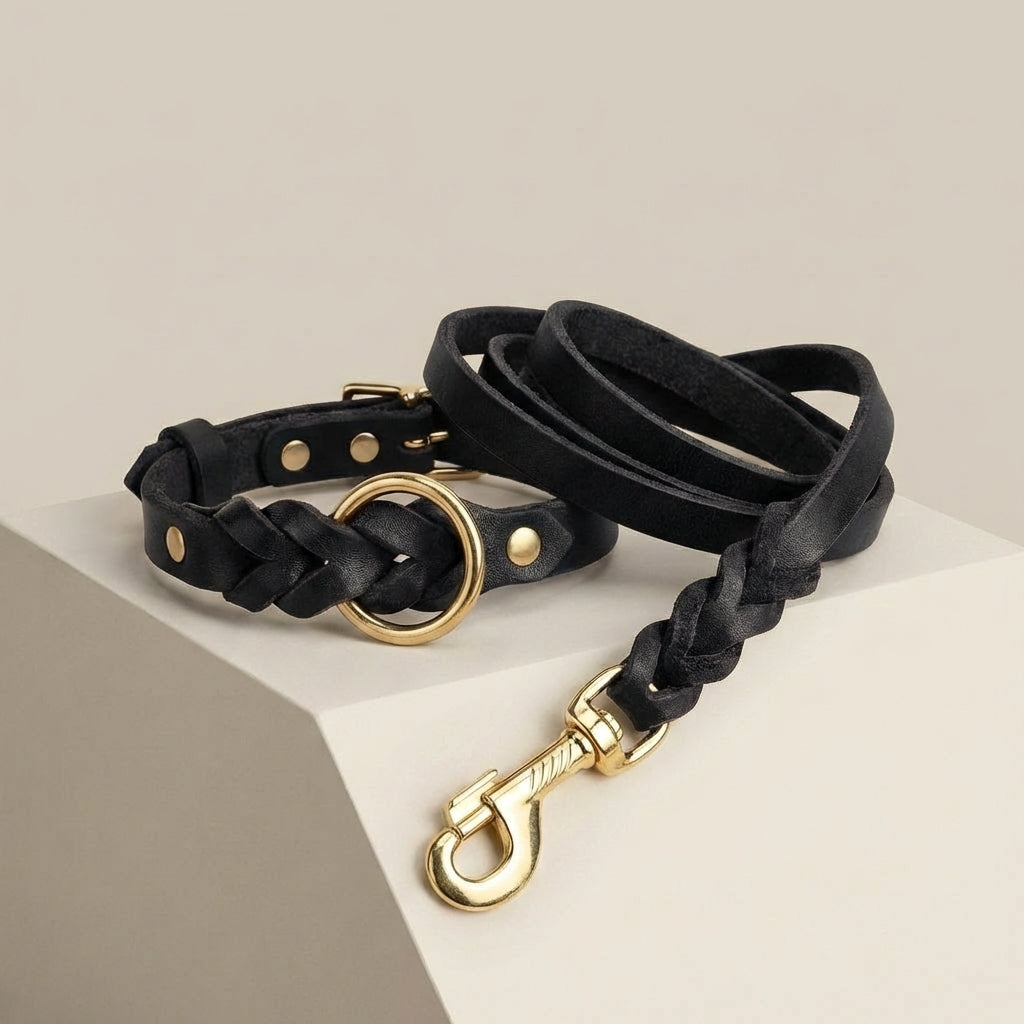 Genuine Leather Dog Collar & Leash Set