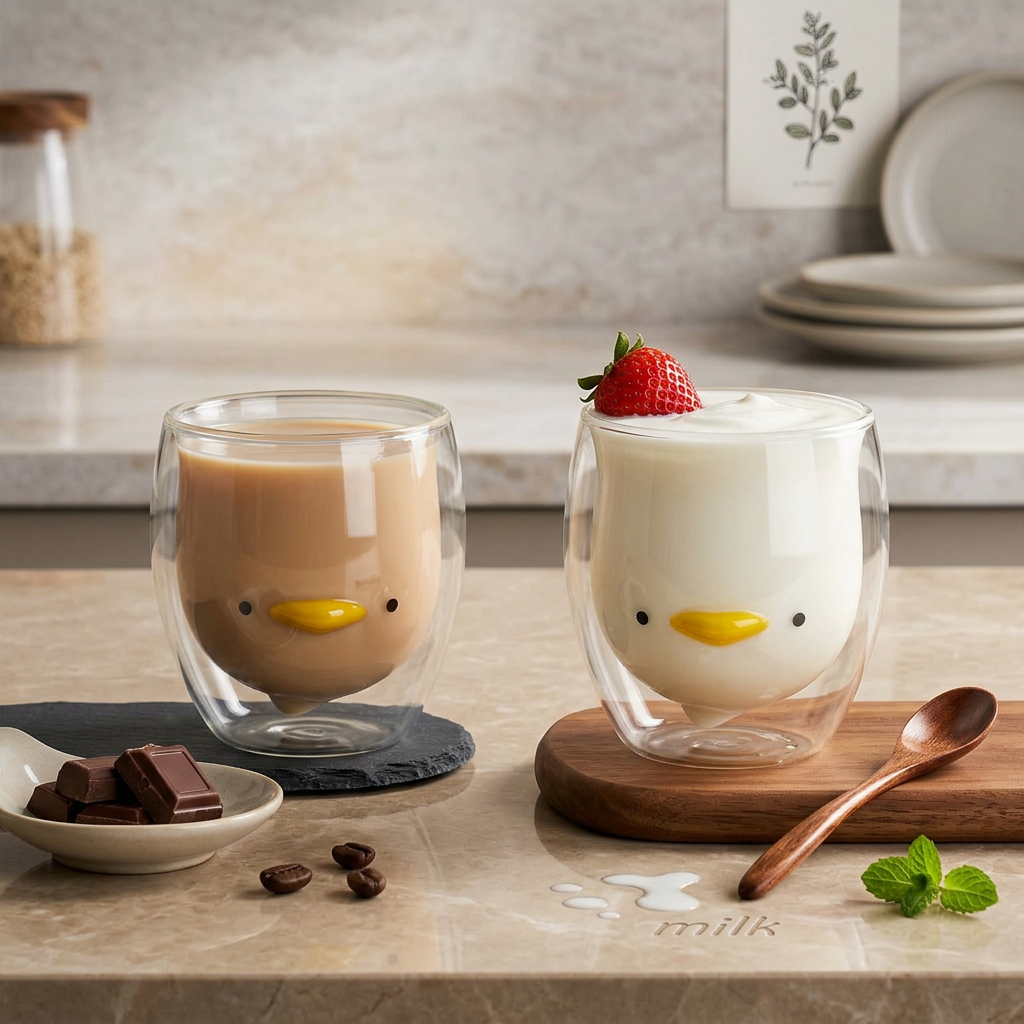 Cute Double-Wall Animal Glass Mug Set (4 Cups) – Bear, Cat, Duck & Dog Kids Drinkware