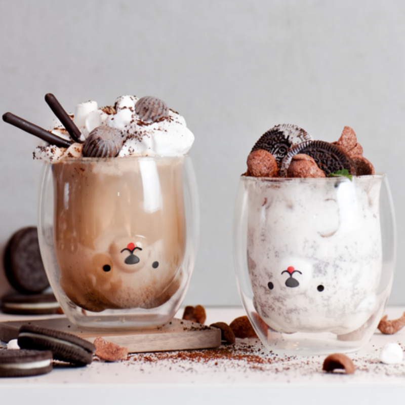 Cute Double-Wall Animal Glass Mug Set (4 Cups) – Bear, Cat, Duck & Dog Kids Drinkware